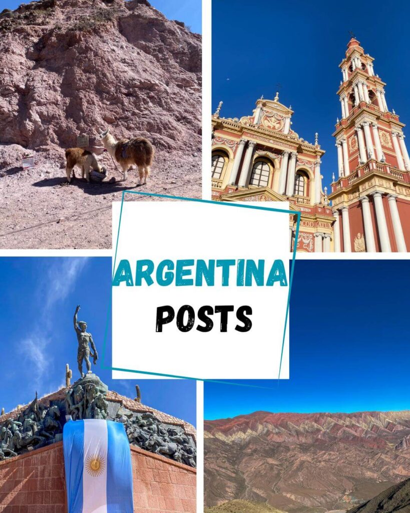 Alt text: Collage of scenes from Argentina including llamas in a desert landscape a red and cream church in Salta a monument draped with the Argentine flag and colorful mountain ranges with the text "ARGENTINA POSTS" in the center linking to more travel content.